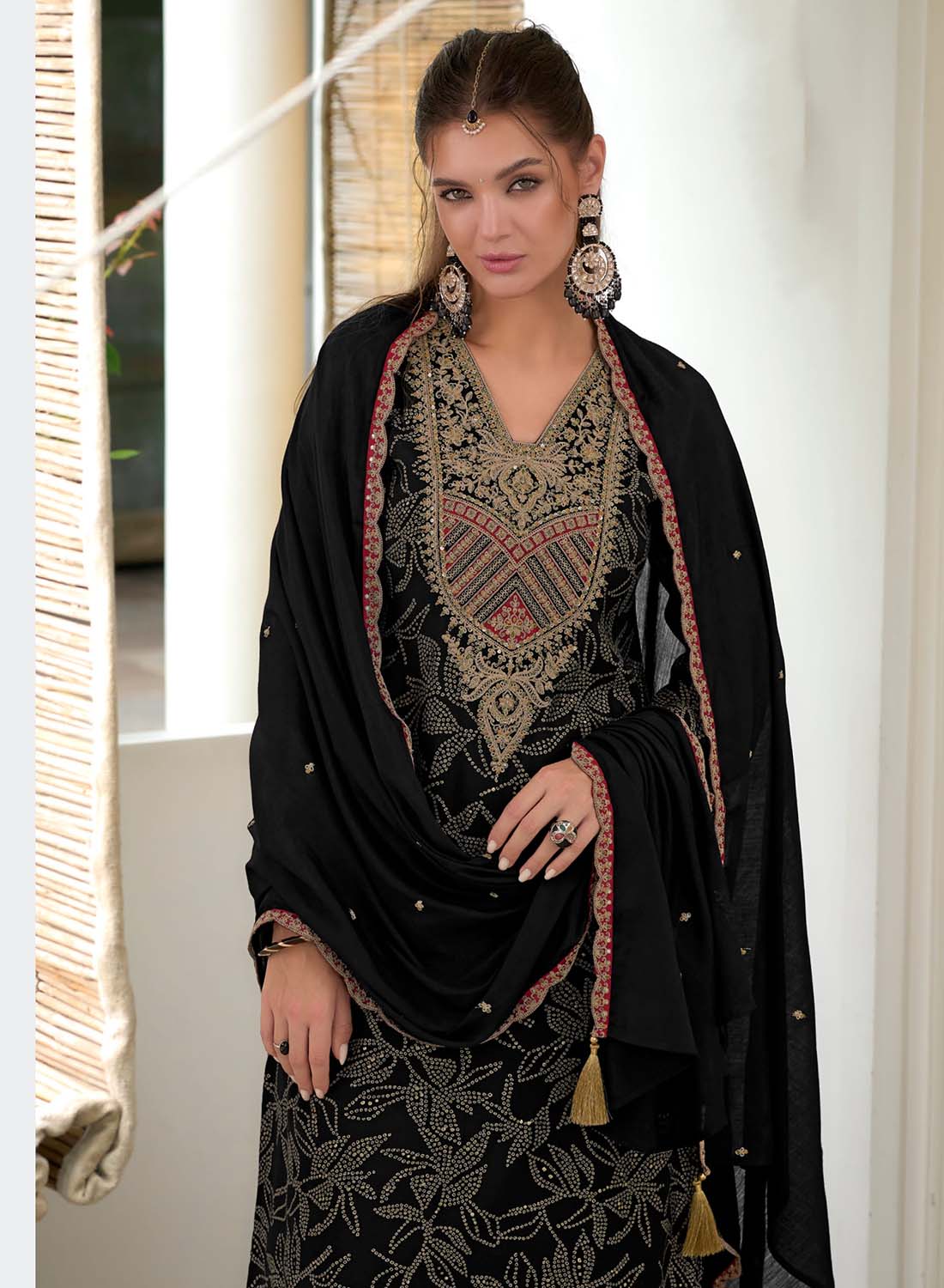 Black Embroidered Party Wear Viscose Modal Silk Unstitched Suit Material