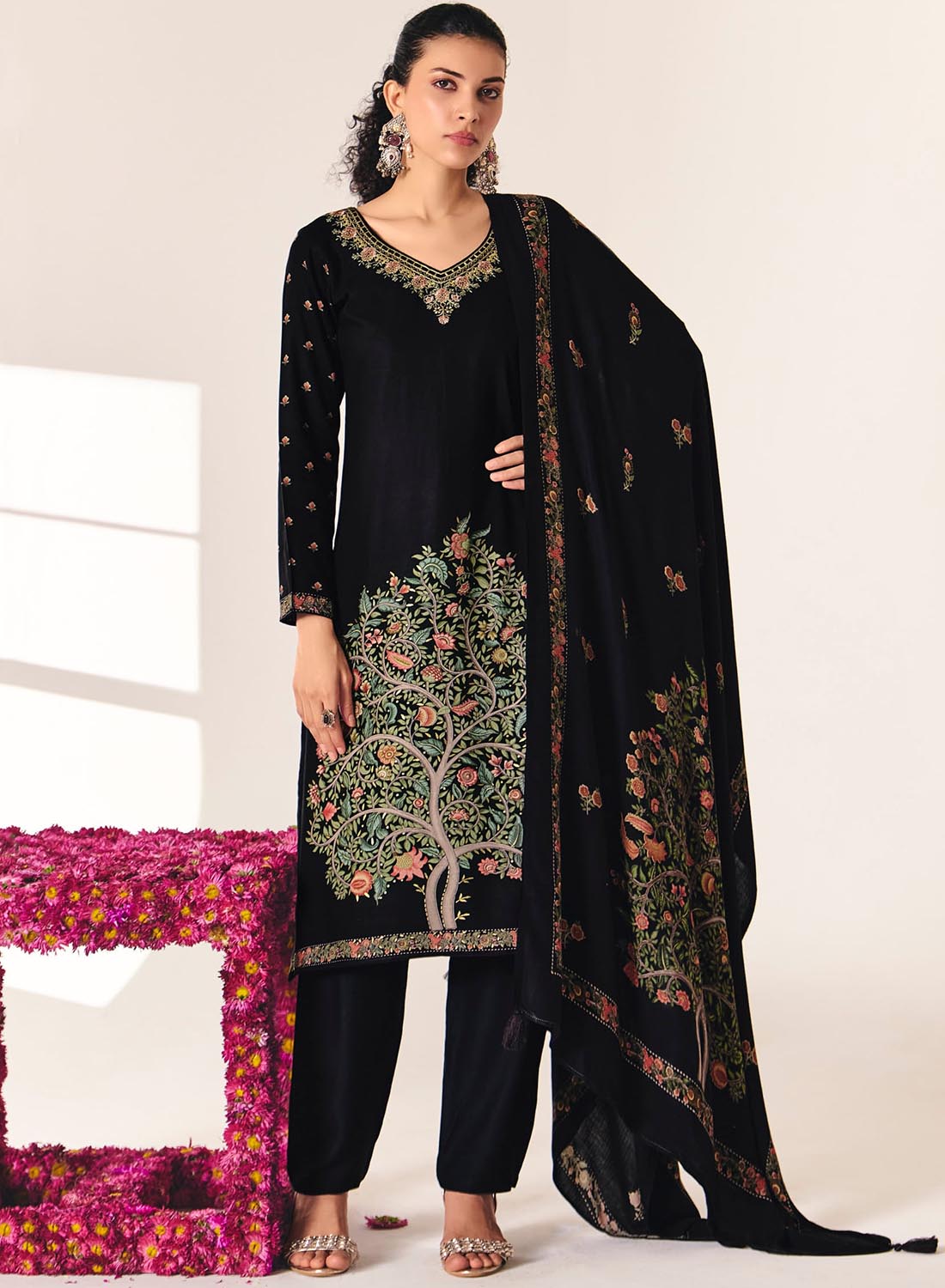 Black Pashmina Unstitched Winter Salwar Suit Set Material with Neck Embroidery