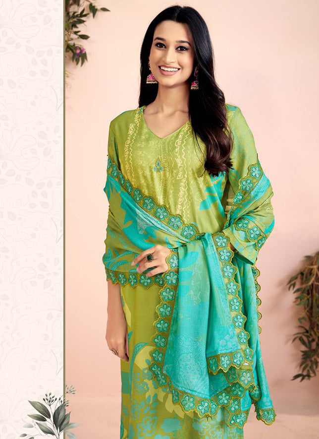 Green Unstitched Pashmina Winter Salwar Suit Material for Women