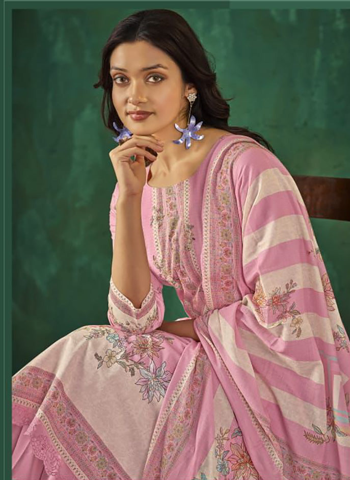 Pure Cotton Lawn Pink Unstitched Salwar Suit Material with Dupatta