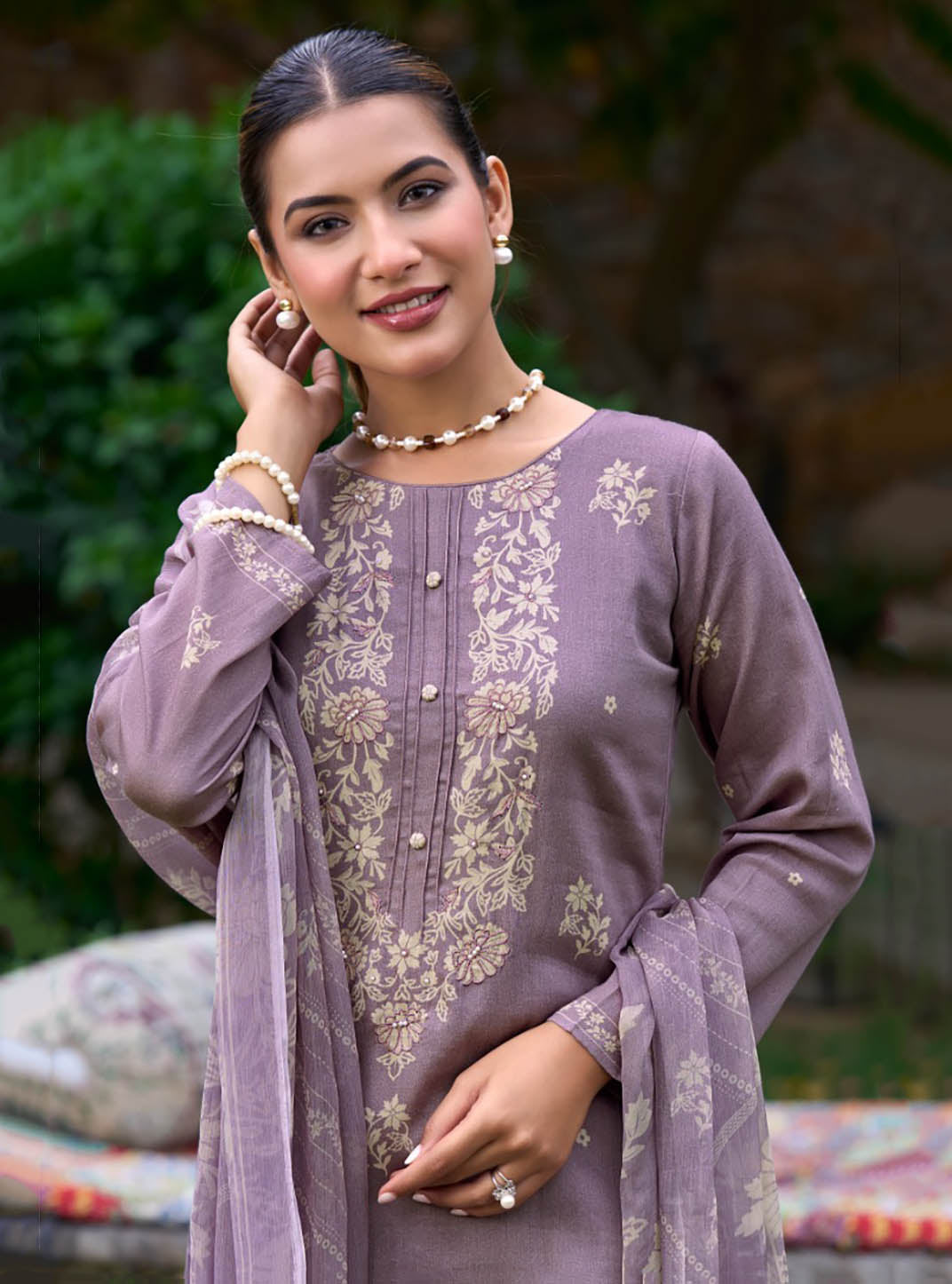 Party Wear Fancy Purple Unstitched Cotton Satin Suit Material for Women