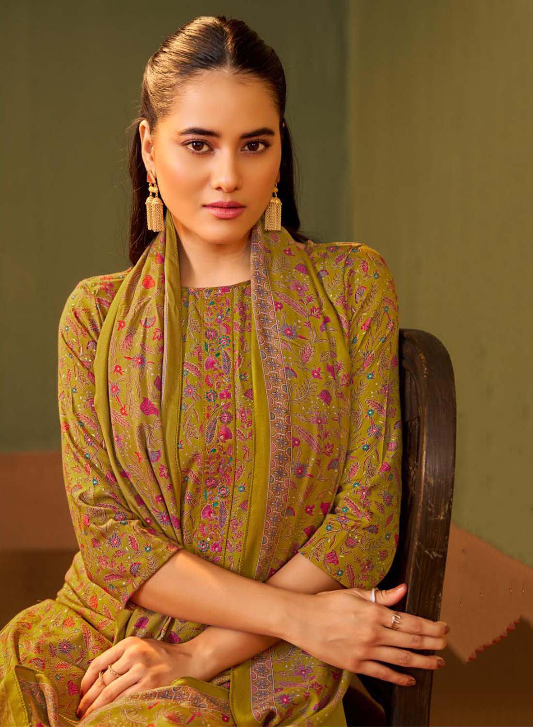 Mustard Printed Unstitched Winter Salwar Suit Material for Women