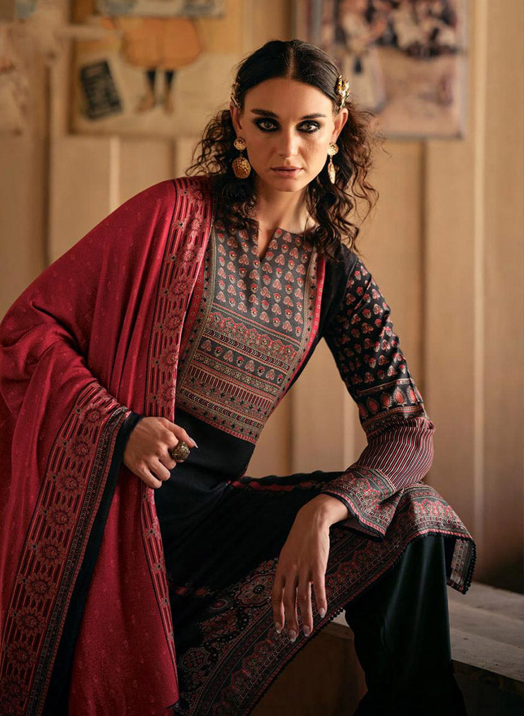 Black Viscose Pashmina Unstitched Winter Suit Dress Material for Women