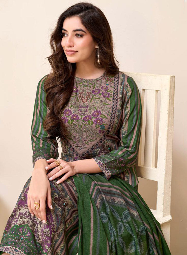 Sahiba Pashmina Green Unstitched Winter Salwar Suit Material for Women