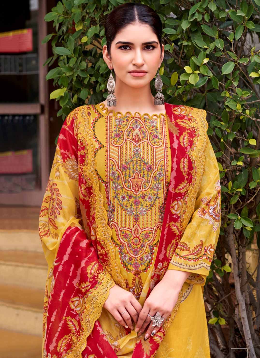 Pakistani Print Cambric Cotton Unstitched Suit Fabric with Embroidery Yellow