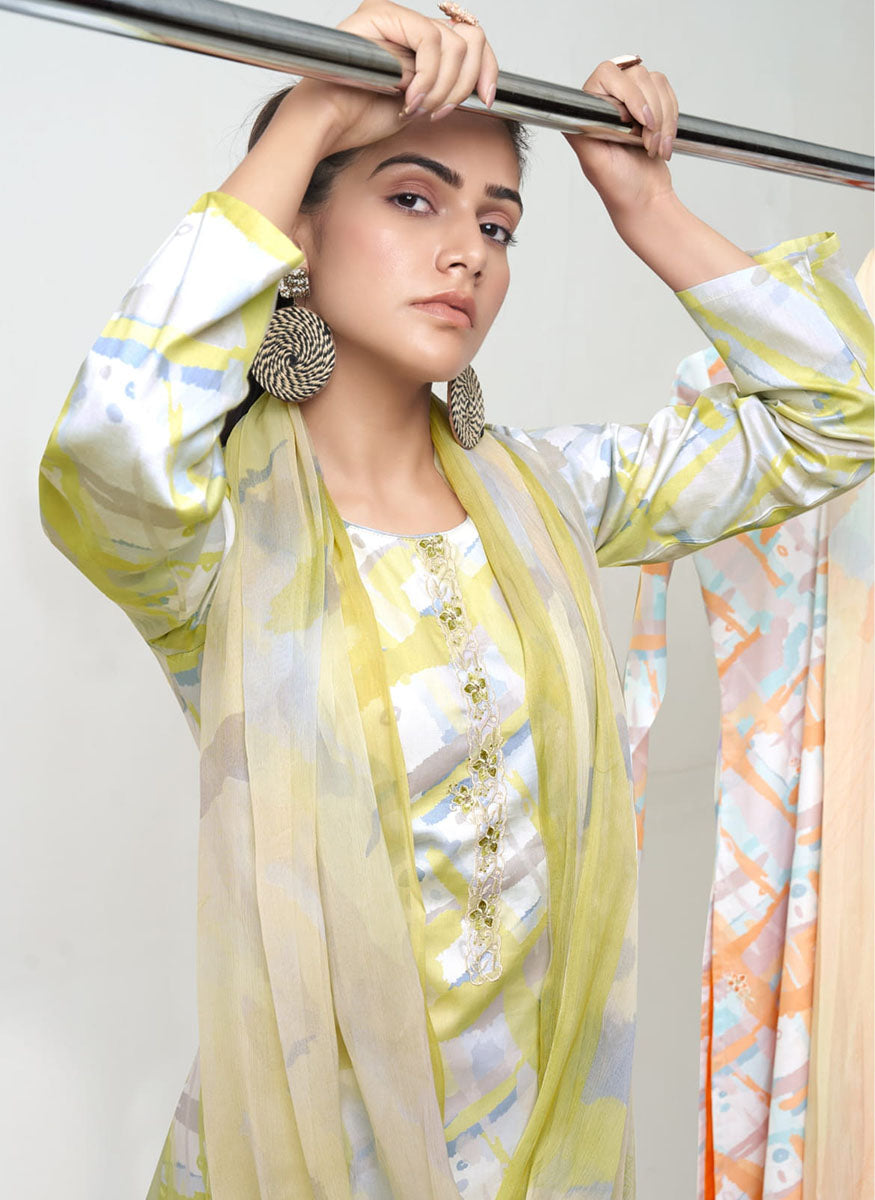 Green Cotton Satin Unstitched Salwar Suit Material for Women