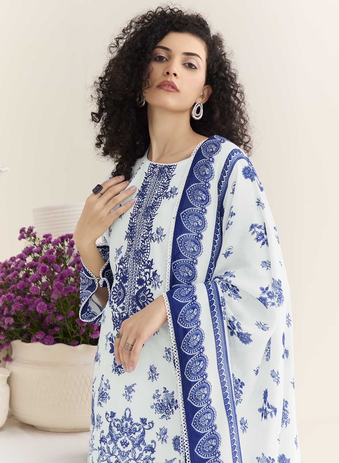 White Pure Cotton Lawn Unstitched Suit Dress Material for Women