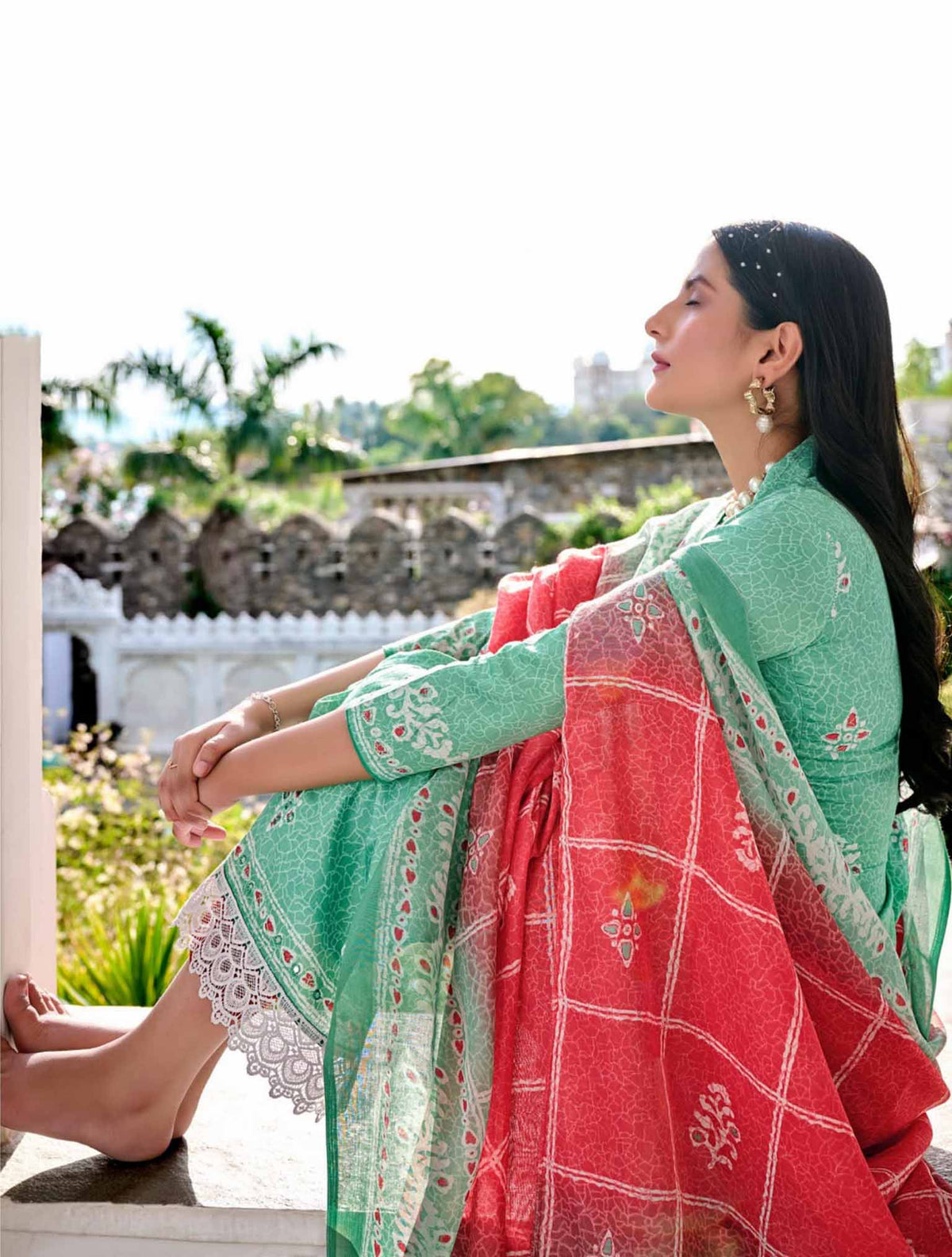 Pure Cotton Printed Unstitched Suit Material with Mirror Work and Lace