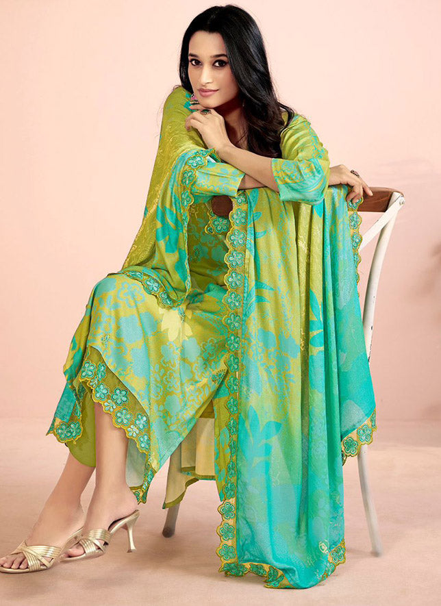 Green Unstitched Pashmina Winter Salwar Suit Material for Women