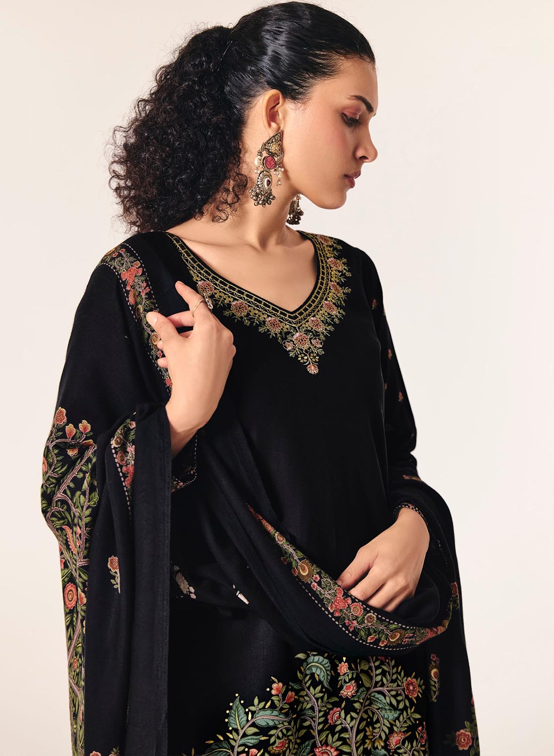 Black Pashmina Unstitched Winter Salwar Suit Set Material with Neck Embroidery