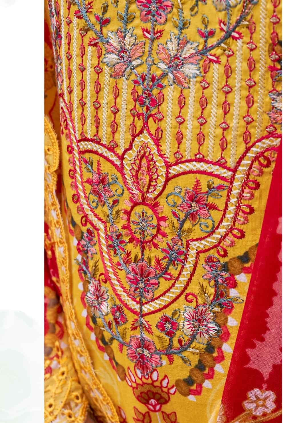 Pakistani Print Cambric Cotton Unstitched Suit Fabric with Embroidery Yellow