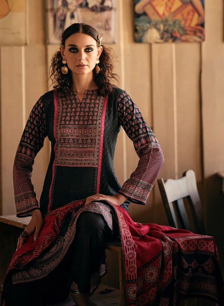 Black Viscose Pashmina Unstitched Winter Suit Dress Material for Women