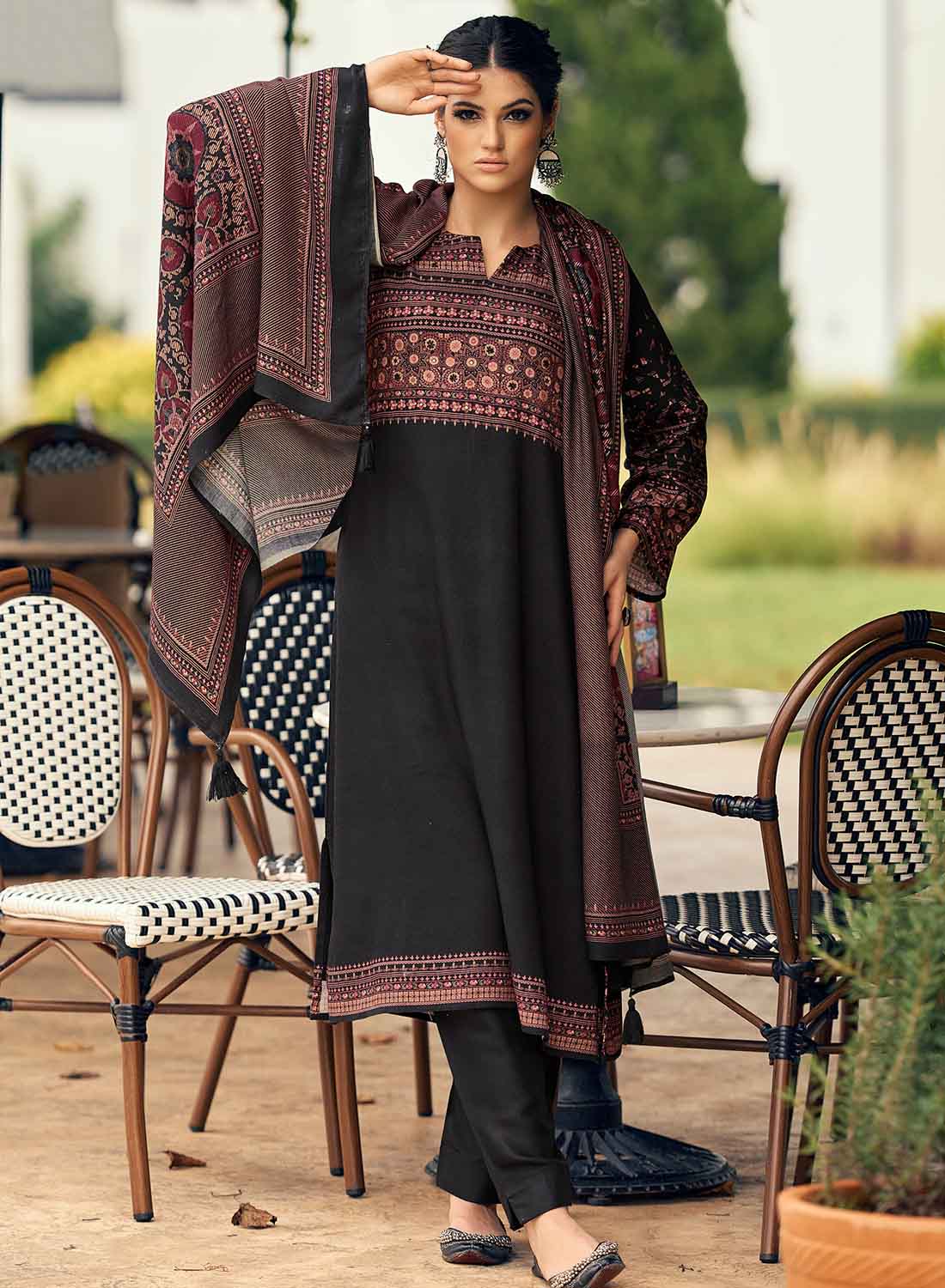 Black Unstitched Pashmina Winter Suit Material with Shawl Dupatta