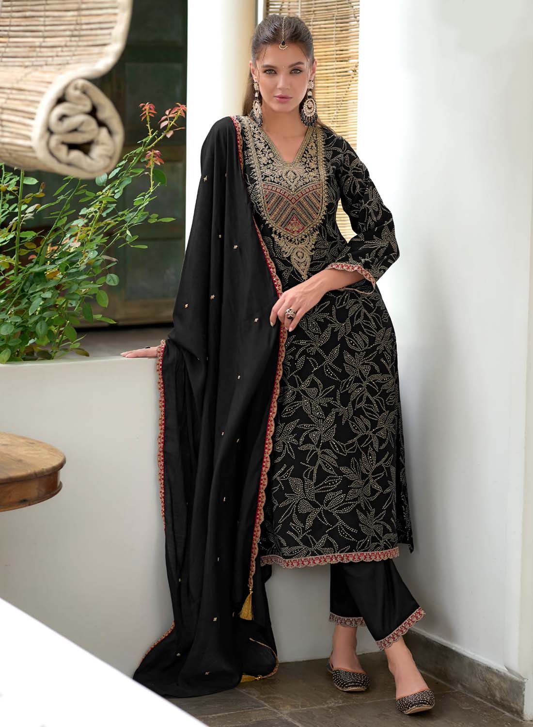 Black Embroidered Party Wear Viscose Modal Silk Unstitched Suit Material