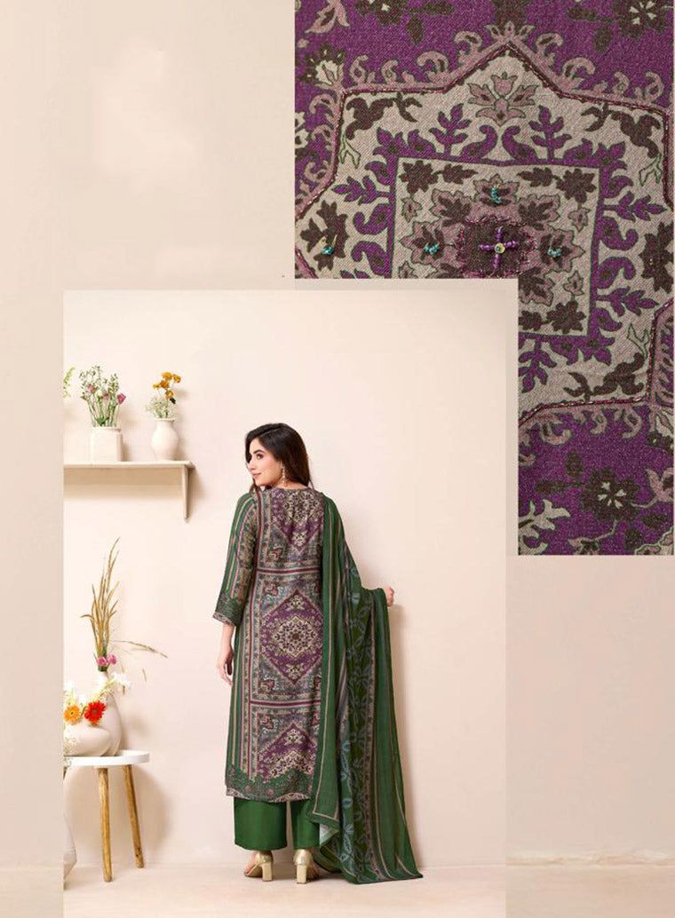Sahiba Pashmina Green Unstitched Winter Salwar Suit Material for Women