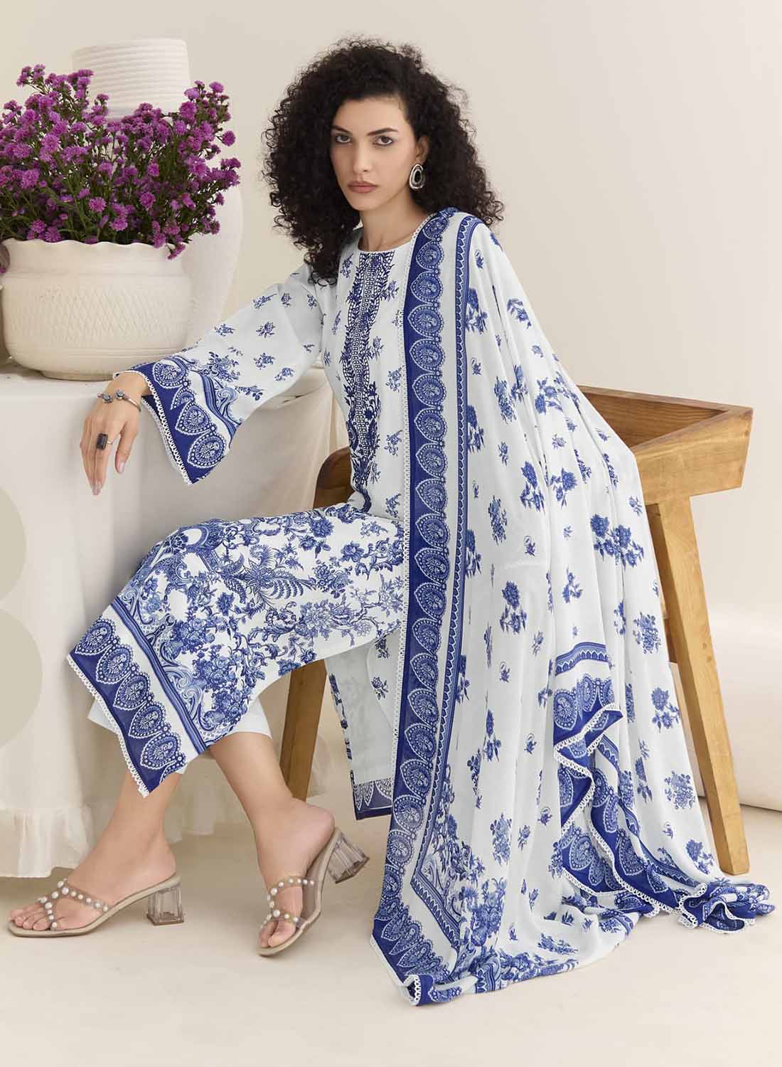 White Pure Cotton Lawn Unstitched Suit Dress Material for Women