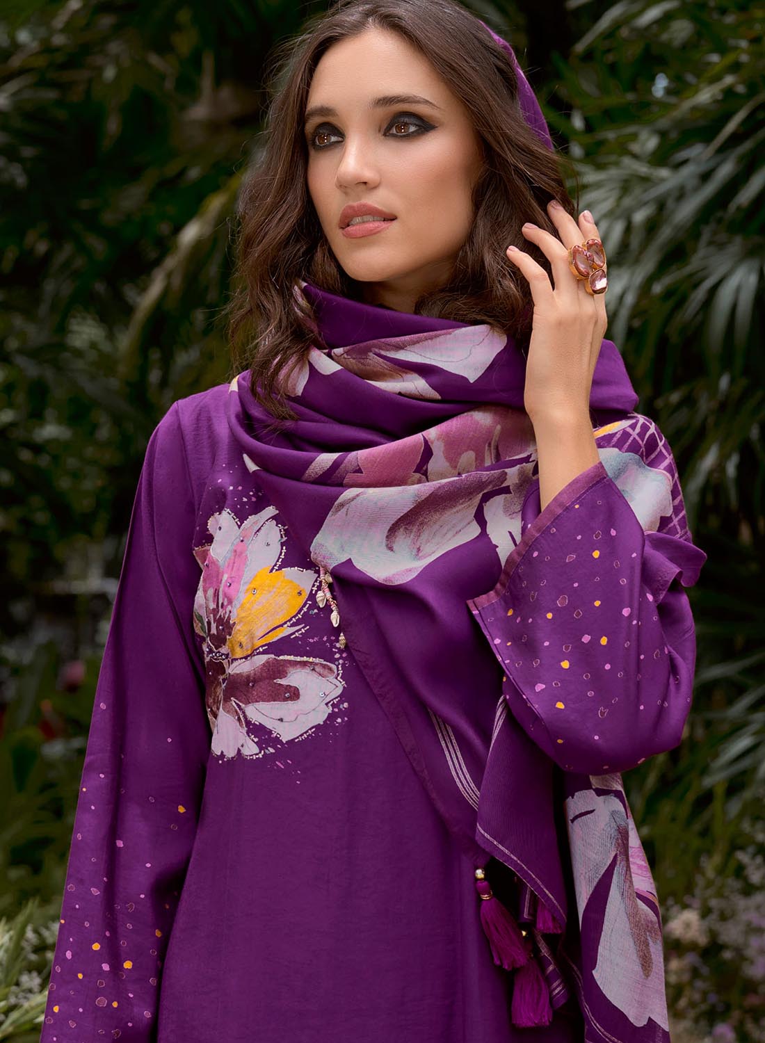 Purple Unstitched Pashmina Winter Suit Dress Material with Fancy Embroidery