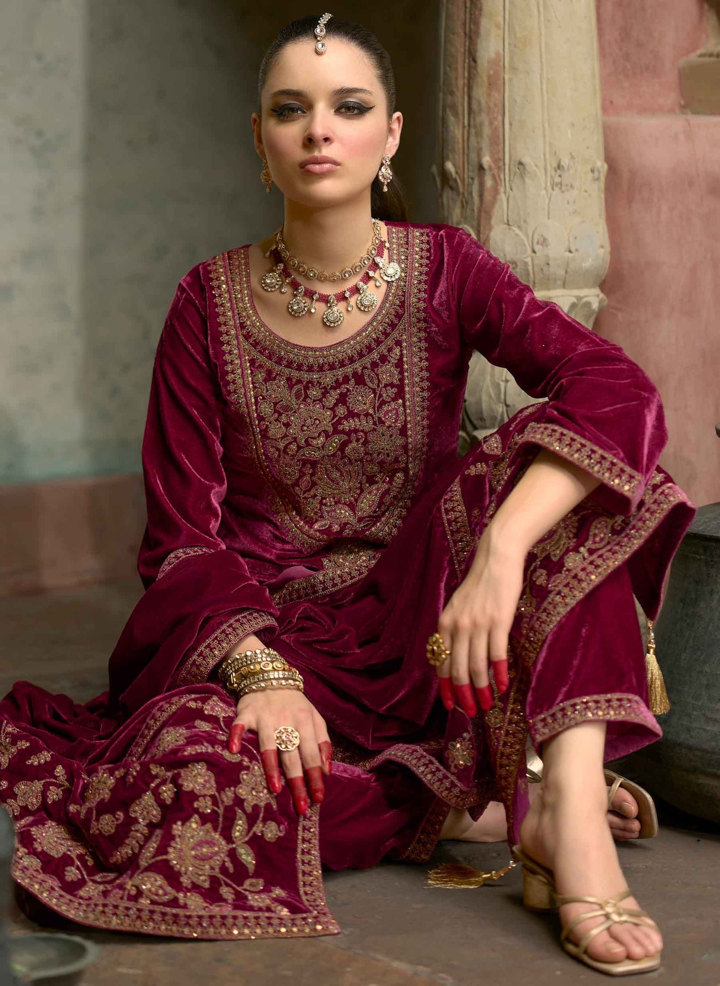 Embroidered Party Wear Velvet Unstitched Suit Dress Material with Dupatta