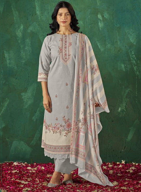 Pure Cotton Lawn Grey Unstitched Salwar Suit Material with Dupatta
