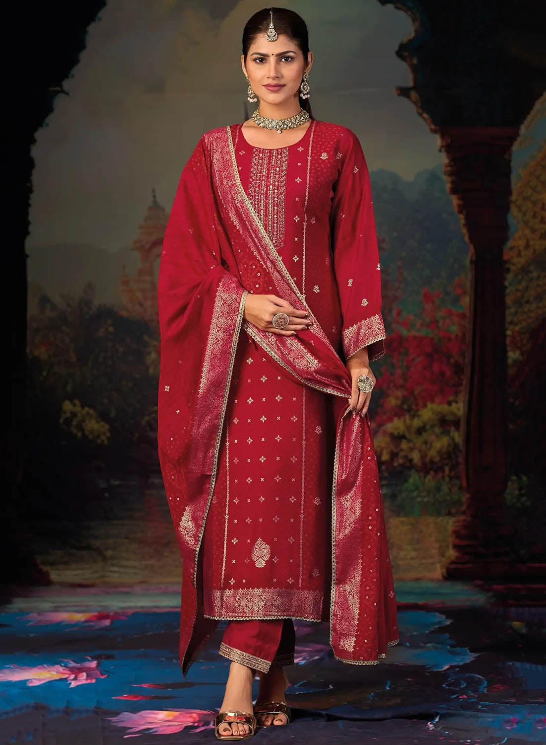 Party Wear Red Pure Muslin Silk Unstitched Suit Set Material for Women