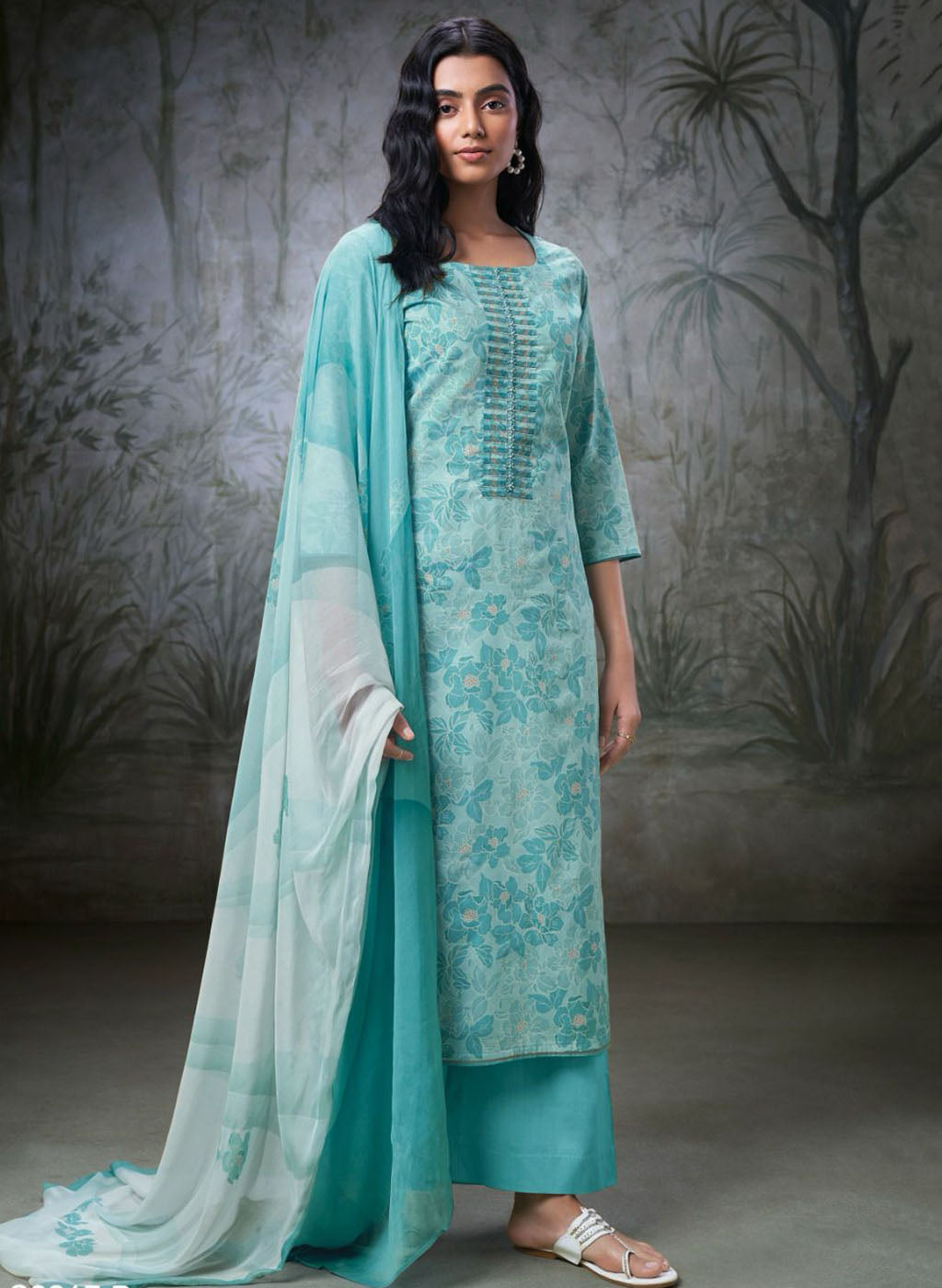 Ganga Blue Pure Cotton Unstitched Suit Material for Women Ganga