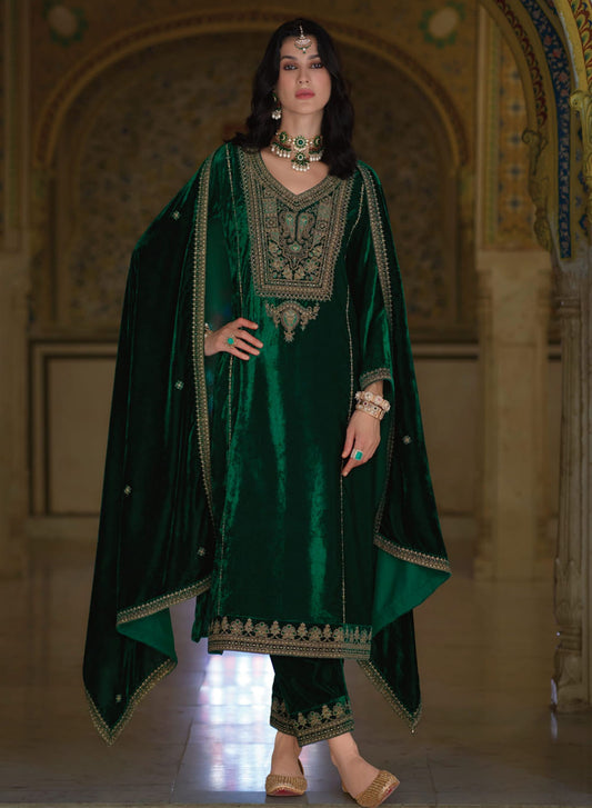 Kilory Party Wear Green Unstitched Winter Velvet Suit Material for Women