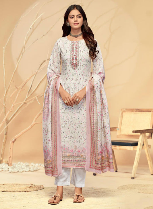 White Pure Cotton Unstitched Suit Set Dress Material for Women