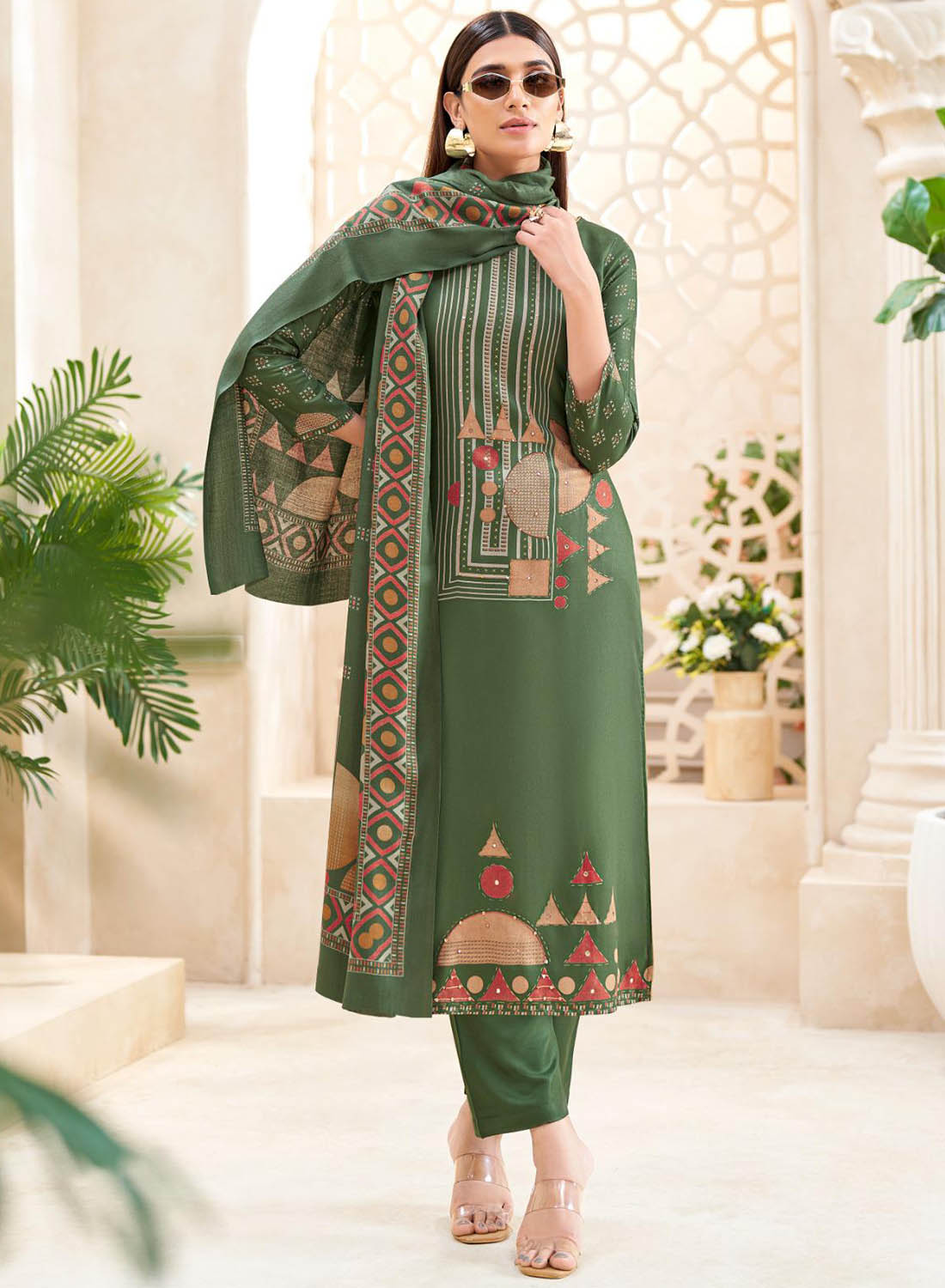 Green Viscose Pashmina Unstitched Winter Salwar Suit Material for Women