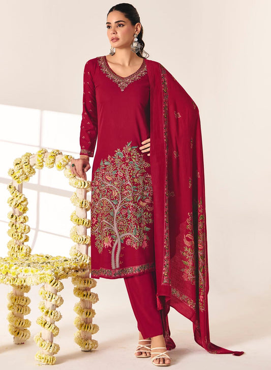 Red Pashmina Unstitched Winter Salwar Suit Set Material with Neck Embroidery