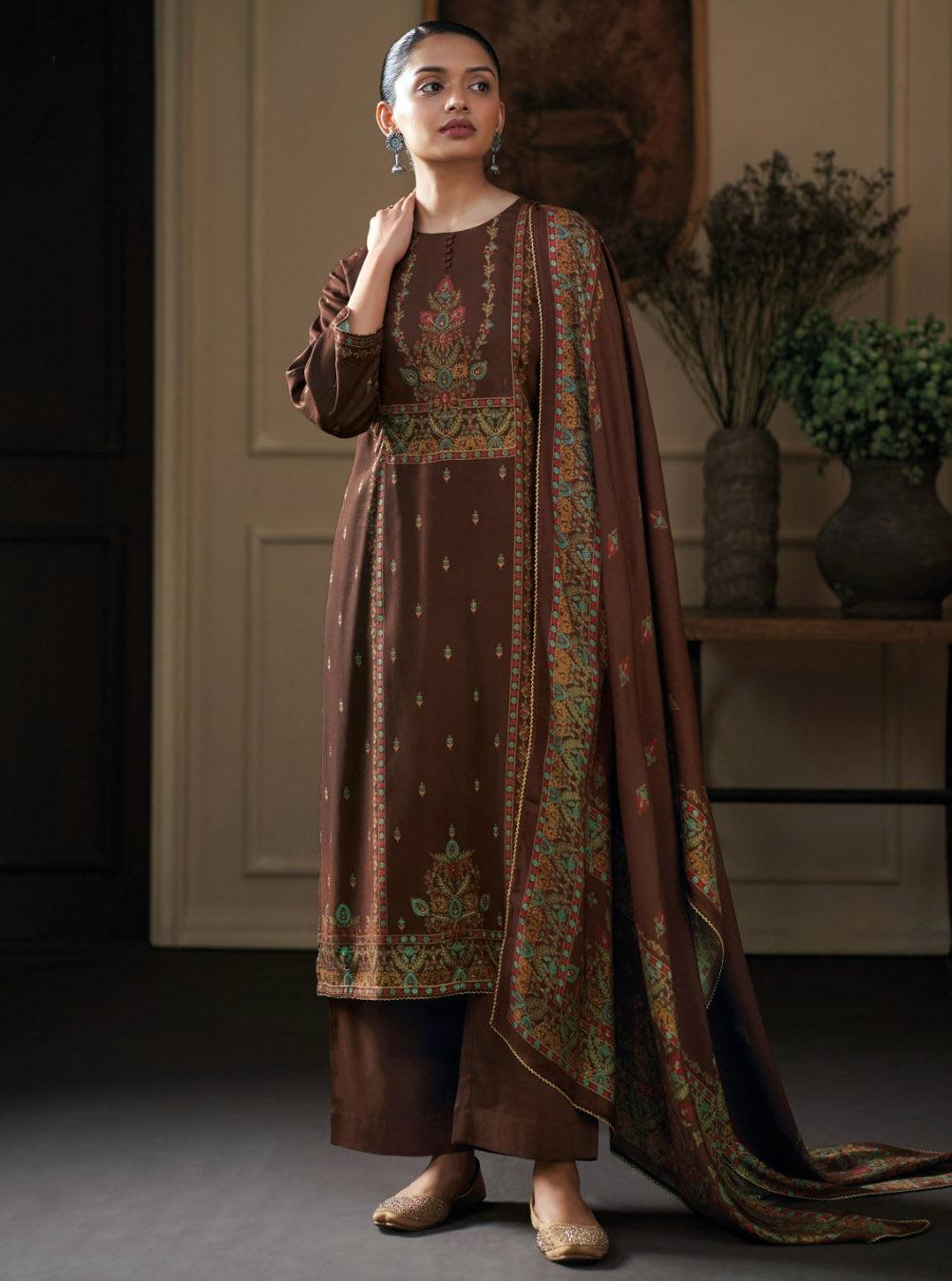 Ganga Pashmina Brown Unstitched Winter Suit Dress Material for Women