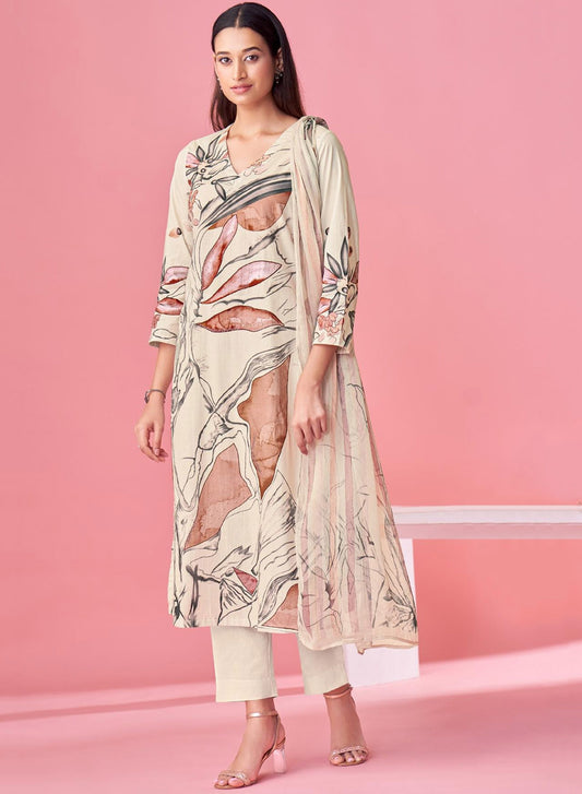 Cream Pure Cotton Lawn Printed Unstitched Salwar Suit Dress Material