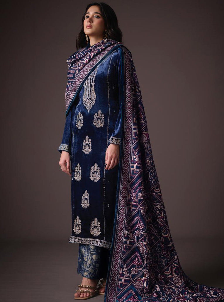 Party Wear Blue Unstitched Velvet Suit Material with Heavy Embroidery