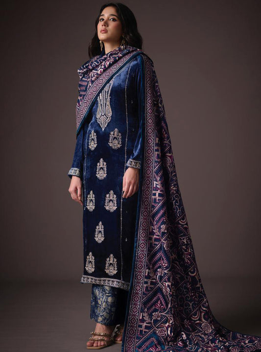 Party Wear Blue Unstitched Velvet Suit Material with Heavy Embroidery