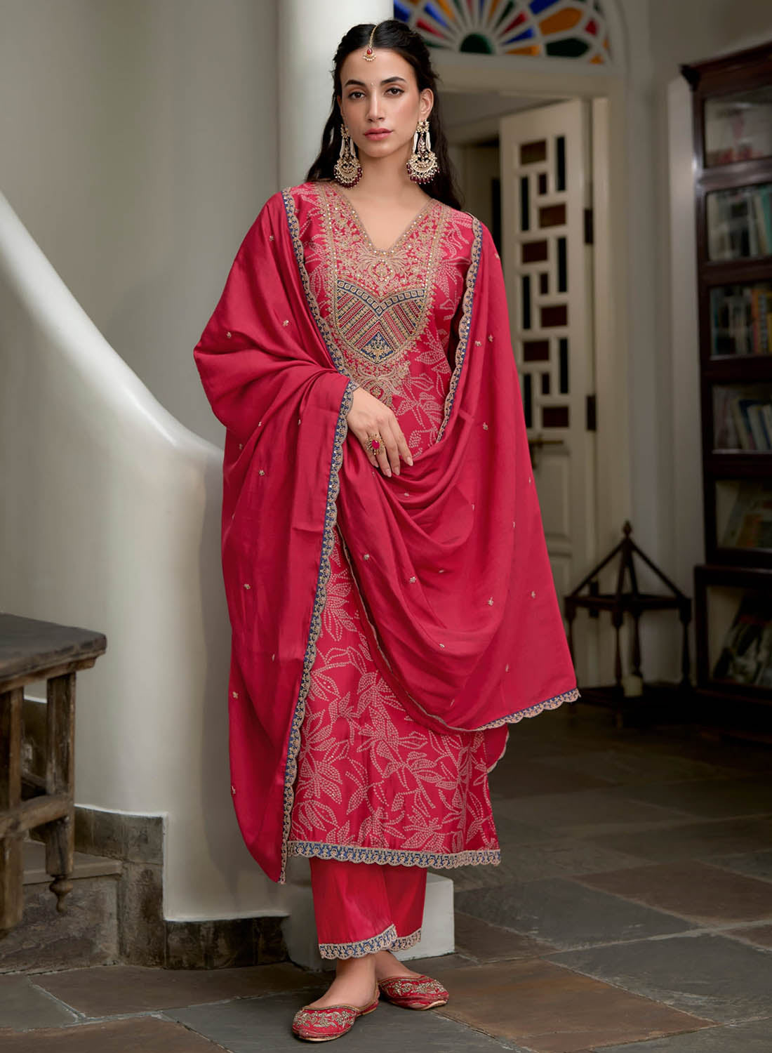 Women's Red Embroidered Party Wear Modal Silk Unstitched Suit Material