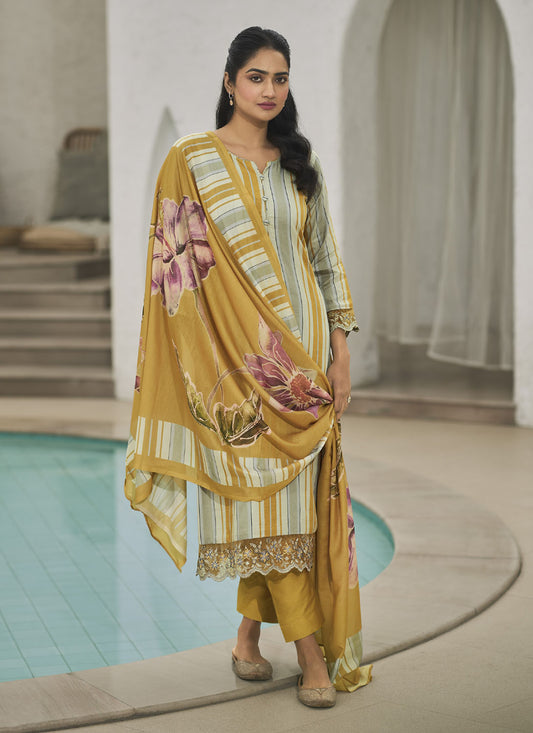 Kilory Yellow Unstitched Cotton Salwar Suit Material with Fancy Work Kilory Trends