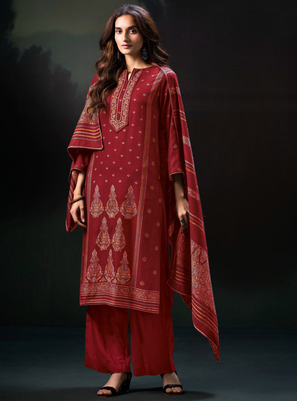 Ganga Red Pashmina Unstitched Winter Salwar Suit Material for Women