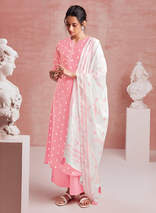 Pure Cotton Pink Unstitched Suit Dress Material for Women Ganga