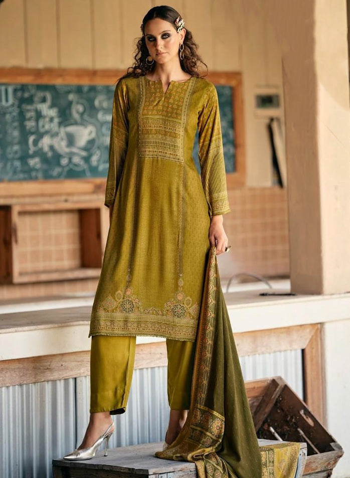 Mustard Viscose Pashmina Unstitched Winter Suit Dress Material for Women