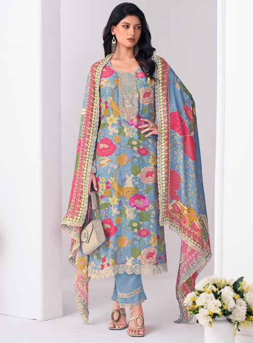 Party Wear Pakistani Muslin Unstitched Suit Material with Embroidery