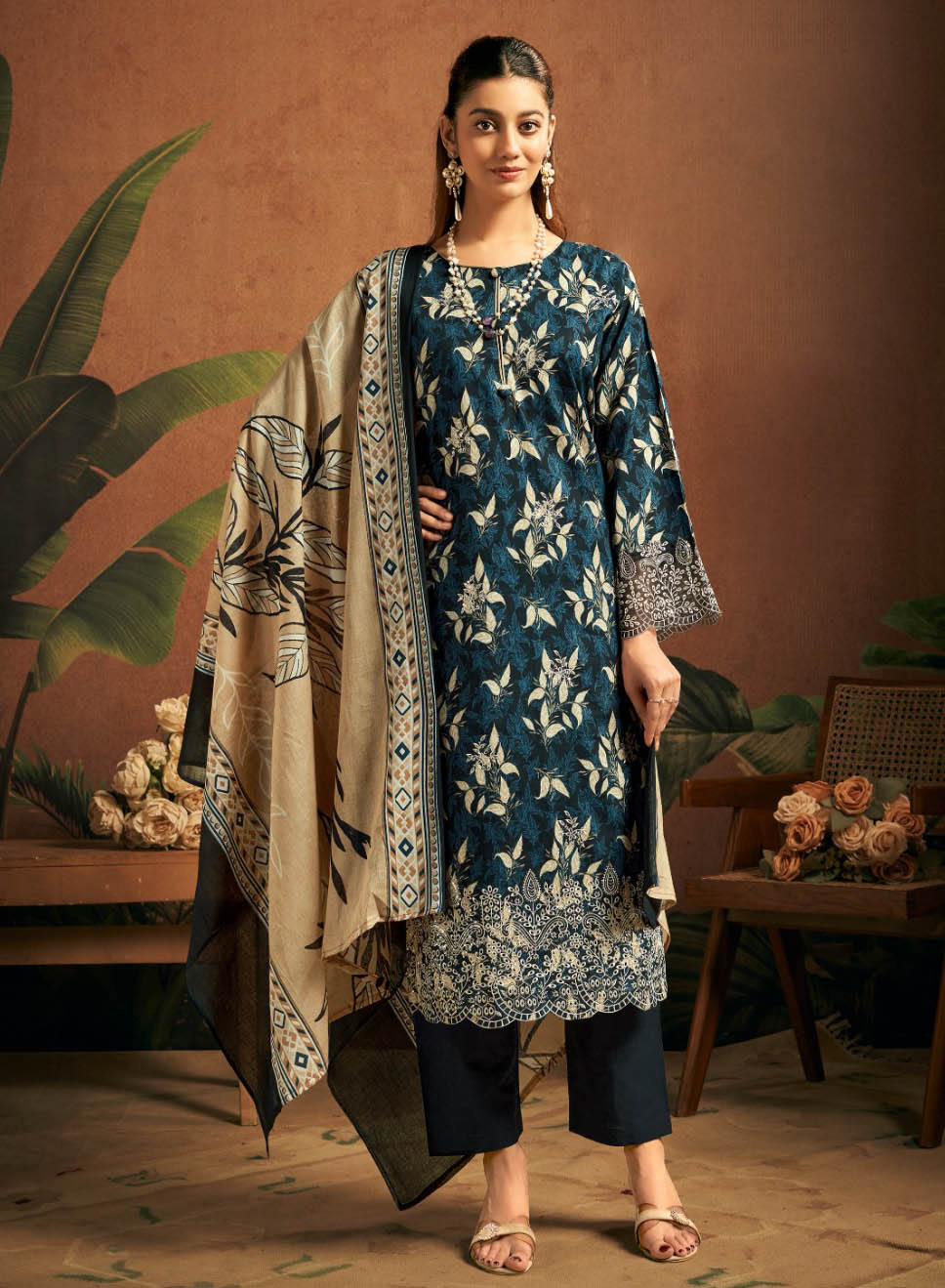 Women’s Pure Cotton Blue Unstitched Suit Dress Material with Embroidery