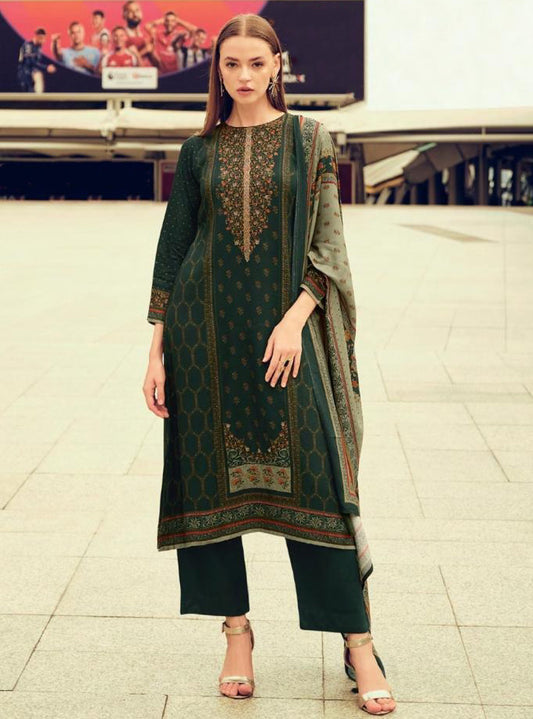 Viscose Pashmina Green Unstitched Winter Salwar Suit Set Dress Material
