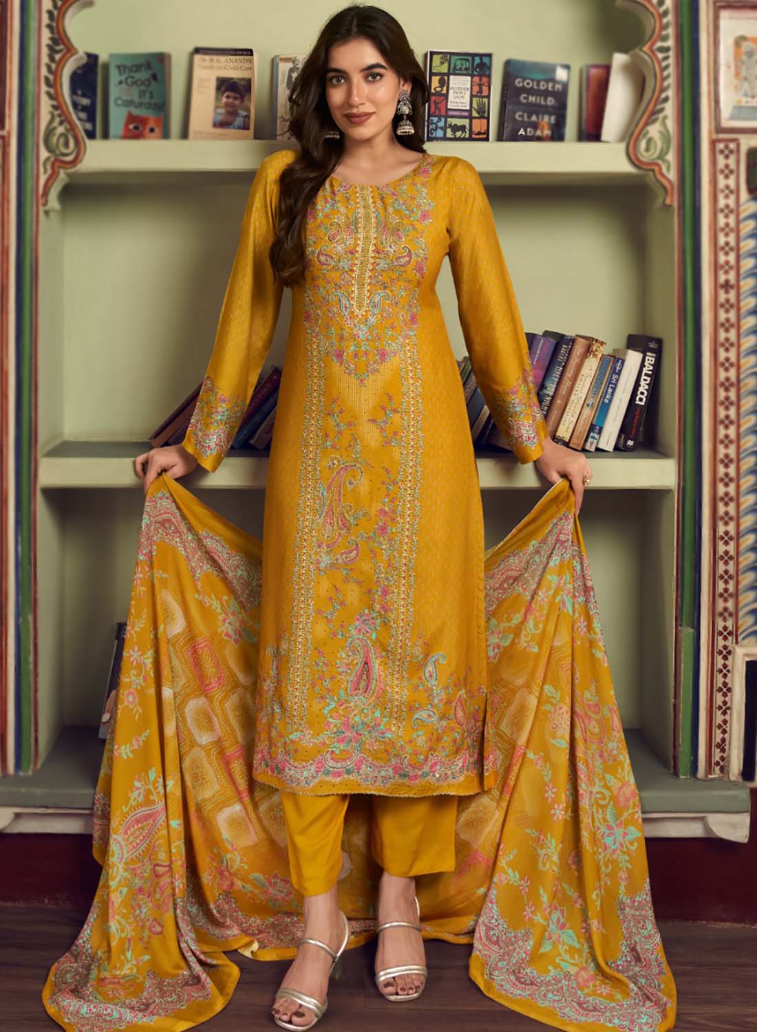 Mustard Pure Muslin Unstitched Salwar Suit Material with Handwork