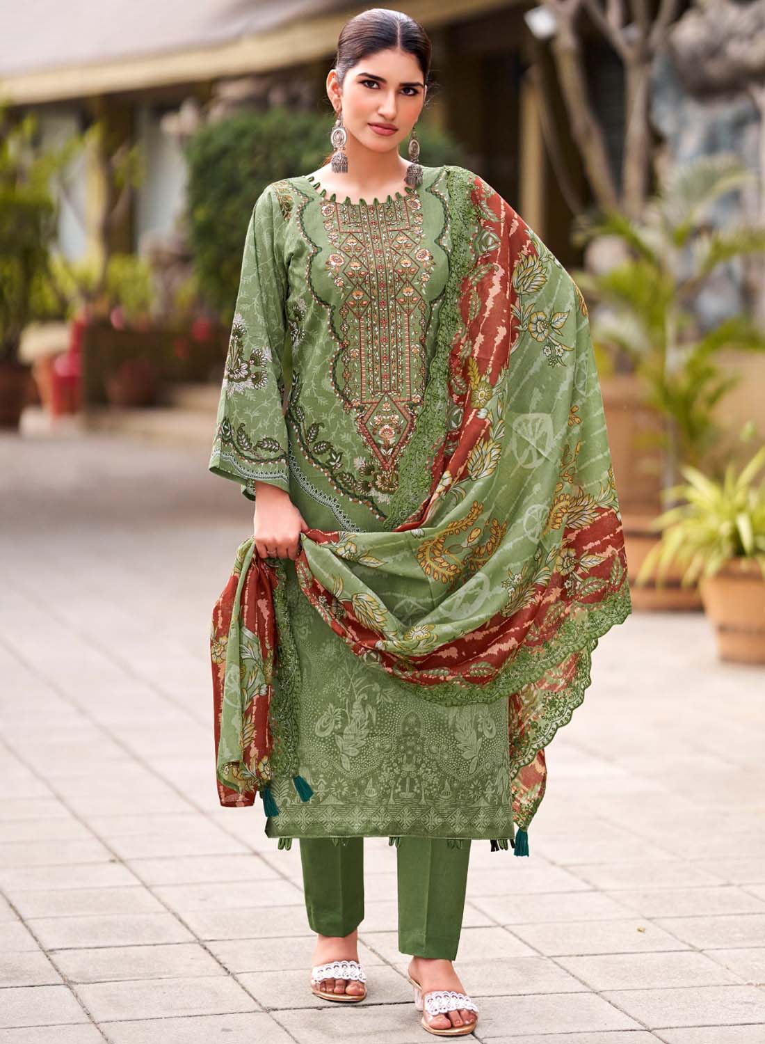 Pakistani Print Cambric Cotton Unstitched Suit Fabric with Embroidery Green