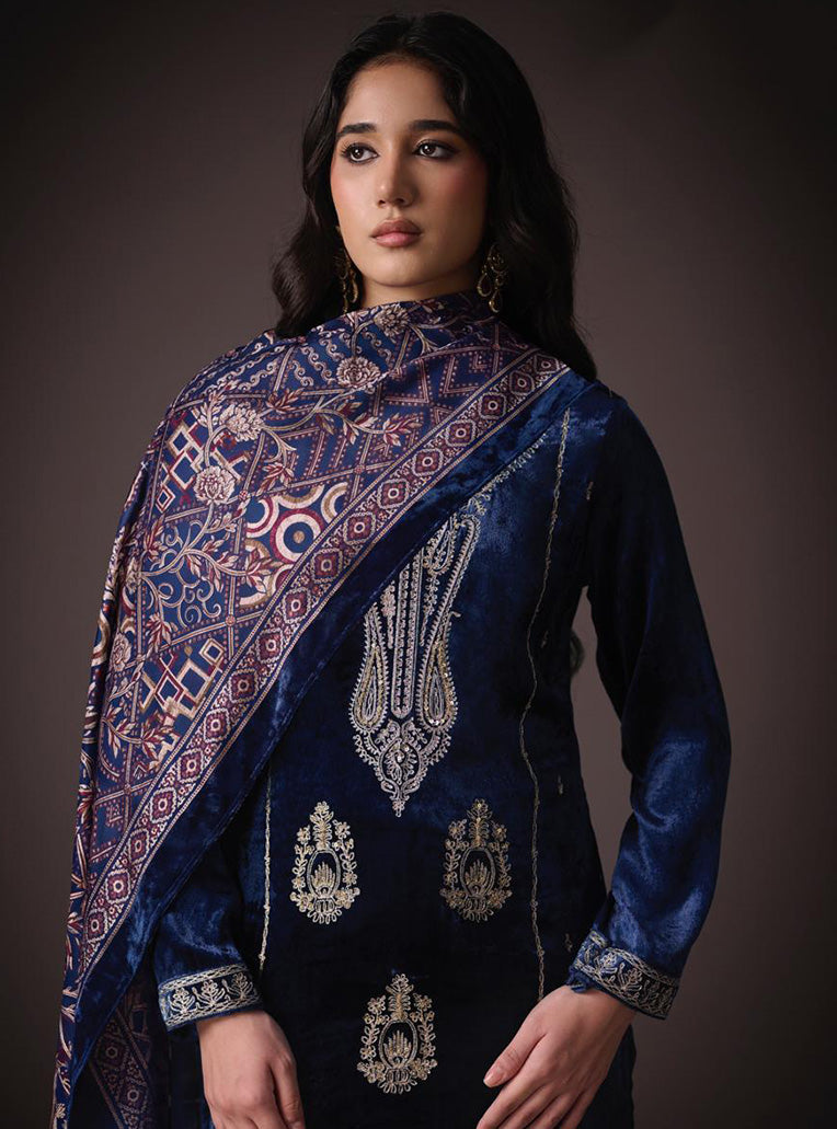 Party Wear Blue Unstitched Velvet Suit Material with Heavy Embroidery