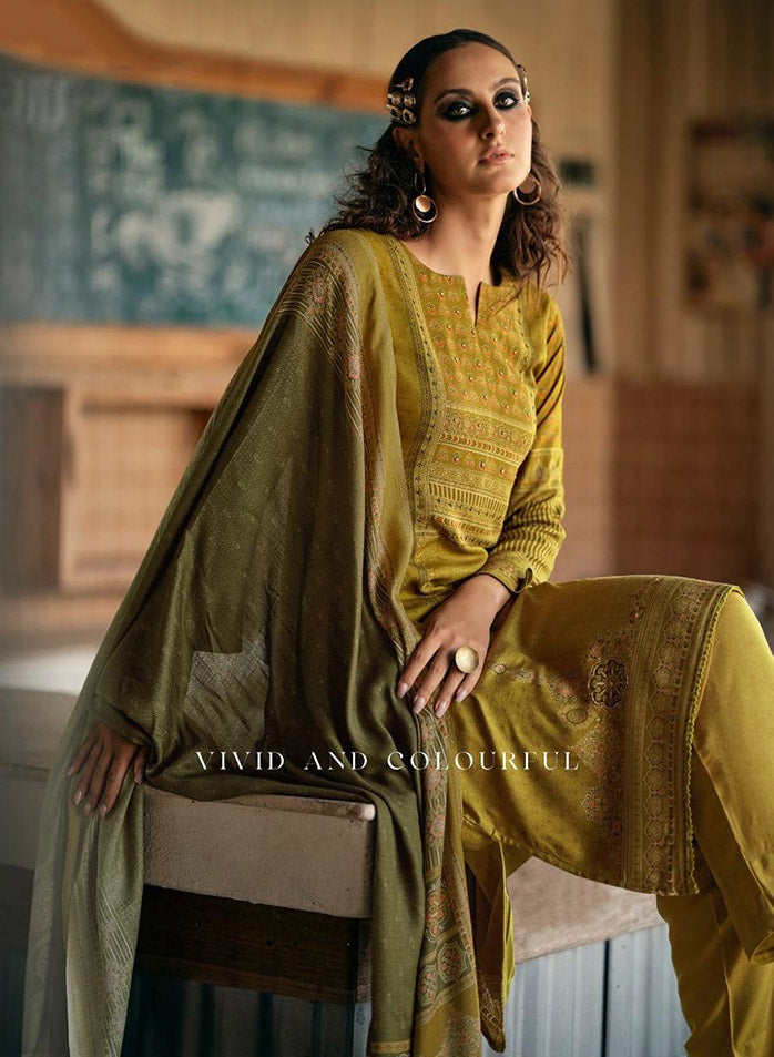 Mustard Viscose Pashmina Unstitched Winter Suit Dress Material for Women