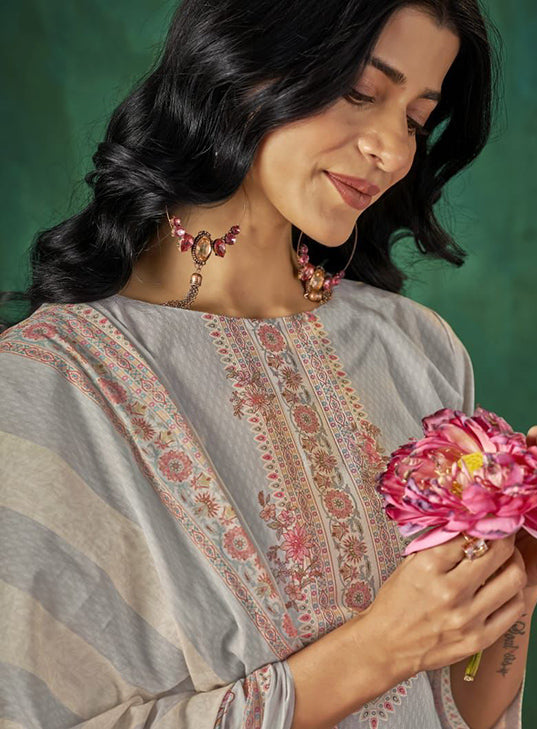 Pure Cotton Lawn Grey Unstitched Salwar Suit Material with Dupatta