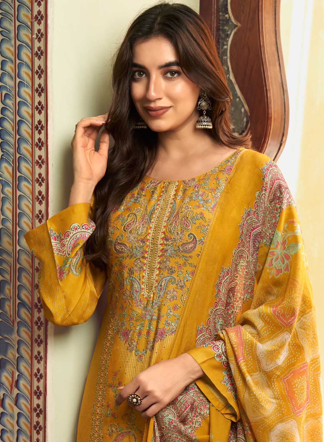 Mustard Pure Muslin Unstitched Salwar Suit Material with Handwork