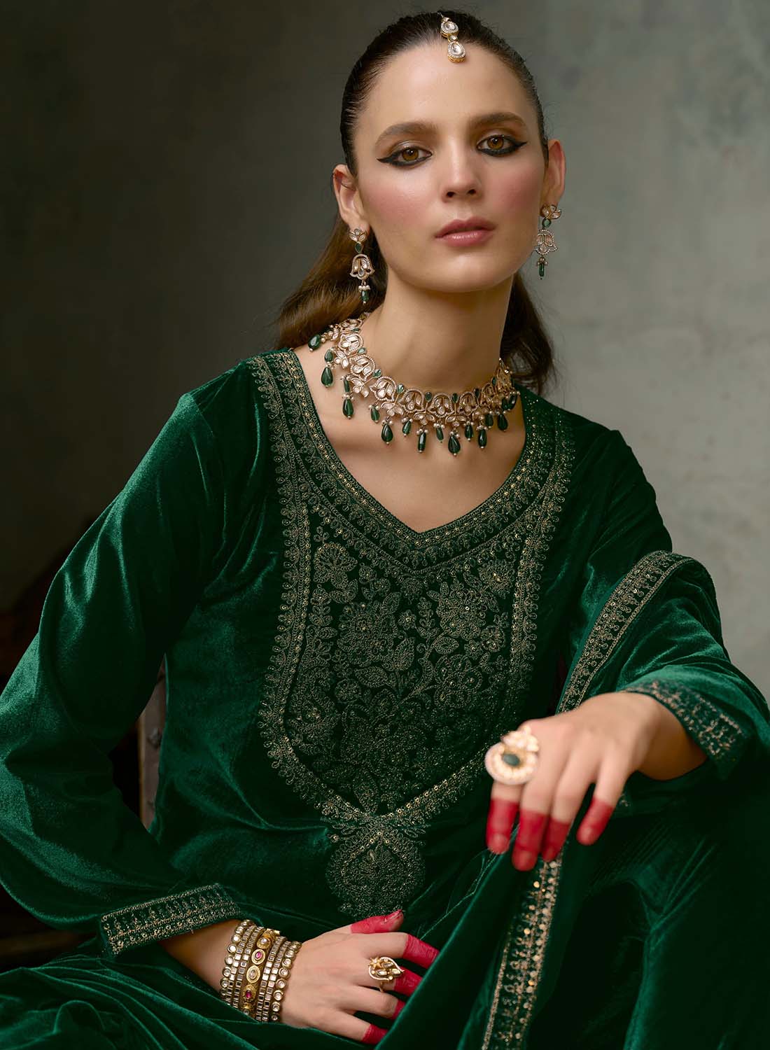 Green Party Wear Velvet Unstitched Suit Dress Material with Dupatta