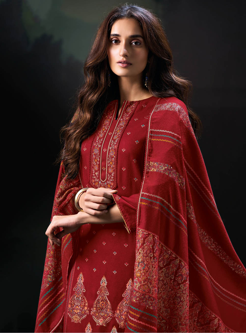 Ganga Red Pashmina Unstitched Winter Salwar Suit Material for Women