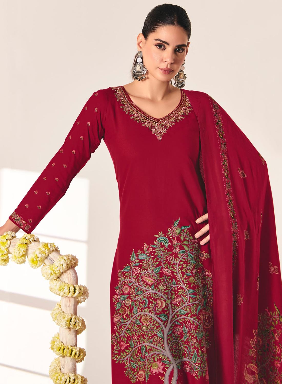 Red Pashmina Unstitched Winter Salwar Suit Set Material with Neck Embroidery